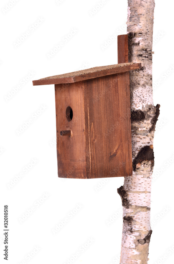 Real estate concept - wooden birdhouse on birch stem isolated