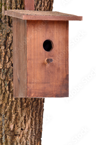 Wooden bird house (starling house) on a tree trunk isolated