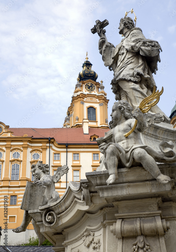 Melk - baroque cloister and st. John Nepomuk statue - Austria