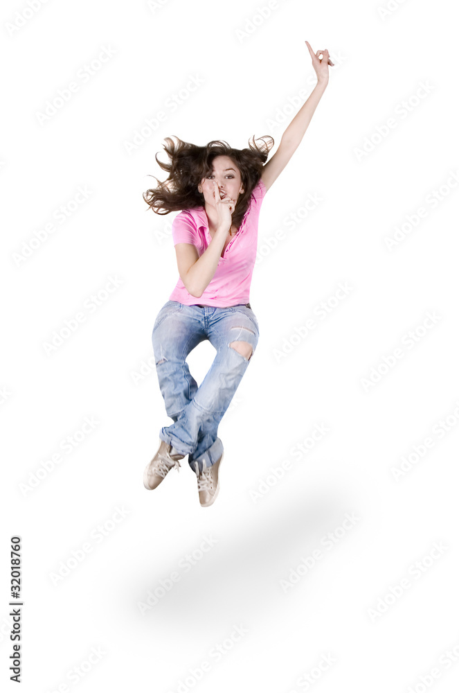 Teenage girl dancing hip-hop over white