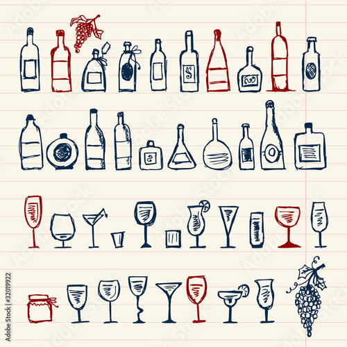 Sketch of alcohol's bottles and wineglasses