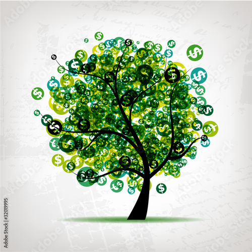 Green tree with dollars leaf on grunge background