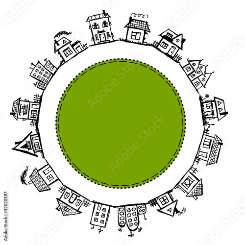 Happy village, frame with houses for your design