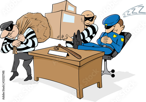 Guard/Policeman napping while thieves steal stuff.