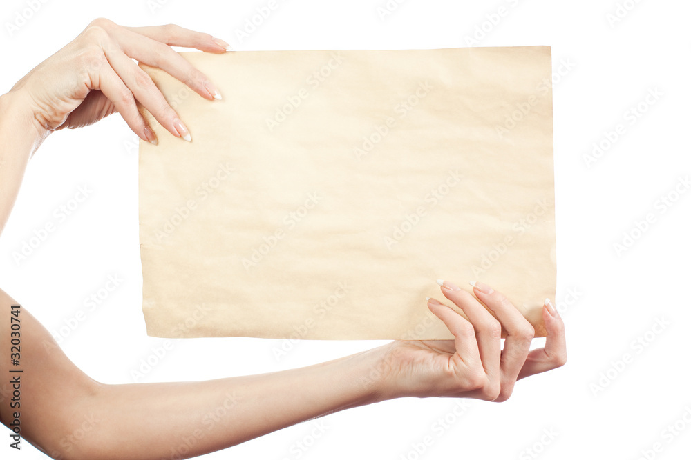 Paper clean sheet in female hands Paper clean sheet in female hands