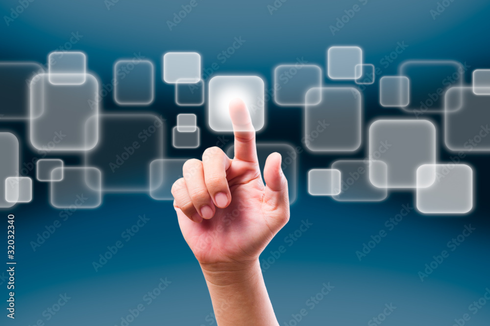 hand pushing button on touch screen hand pushing button on touch screen