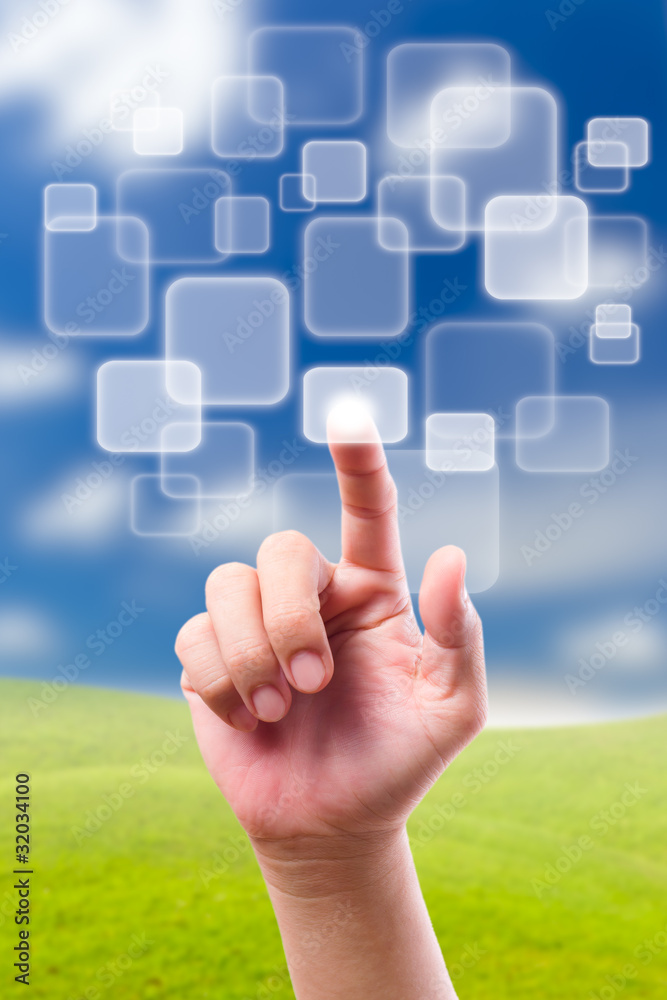 hand pushing button on blue sky hand pushing button on blue sky