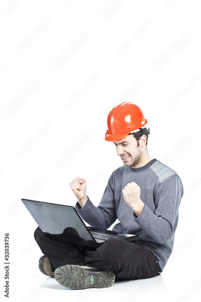 Construction worker receiving happy news Construction worker receiving happy news
