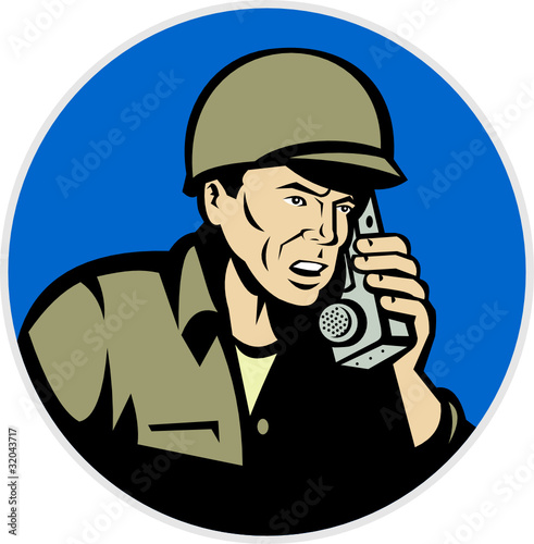 world war two soldier talking on radio walkie talkie