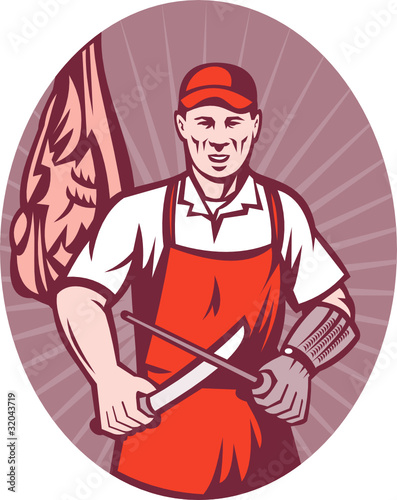butcher with knife and sharpener
