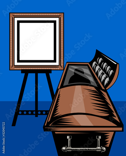 casket with blank picture frame on easel stand