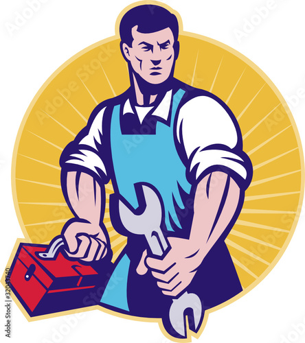 mechanic holding spanner wrench with toolbox