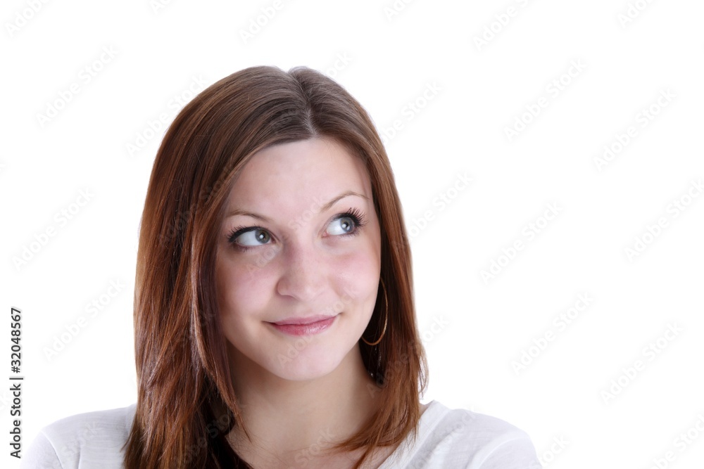 beautiful girl looking up into the corner (white background) beautiful girl looking up into the corner (white background)