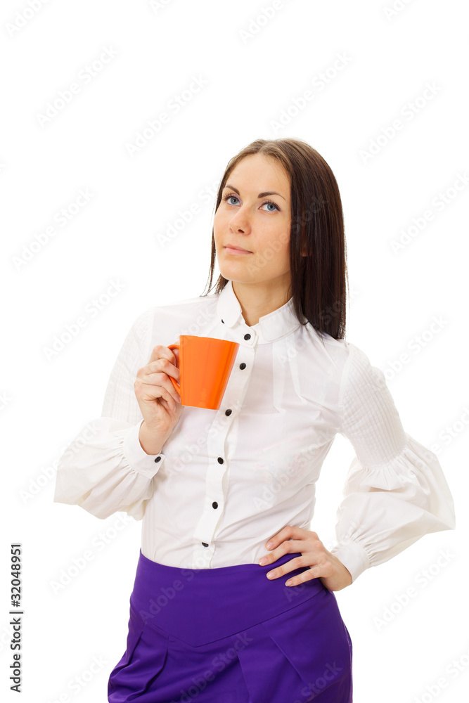 Dreamy beautiful woman holding orange cup Dreamy beautiful woman holding orange cup