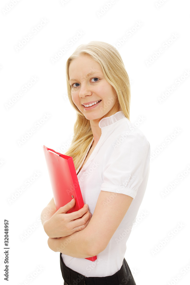 Smiling business woman holding red folder Smiling business woman holding red folder