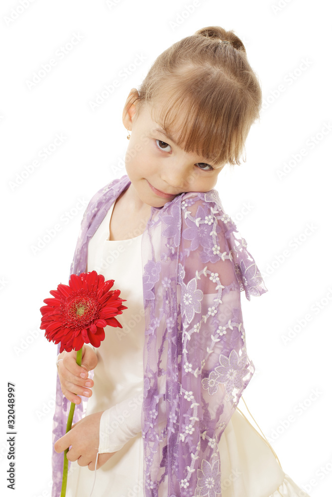 Shy little girl in dress holding red flower Shy little girl in dress holding red flower