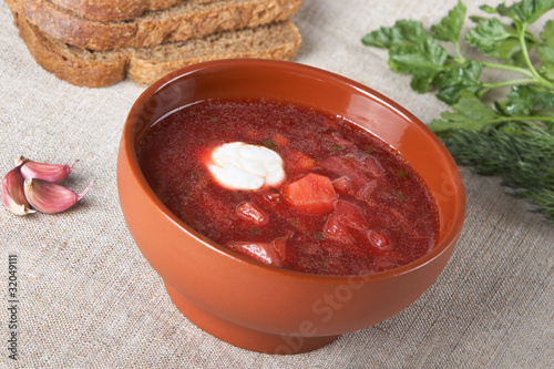 Borsch in a brown ceramic plate