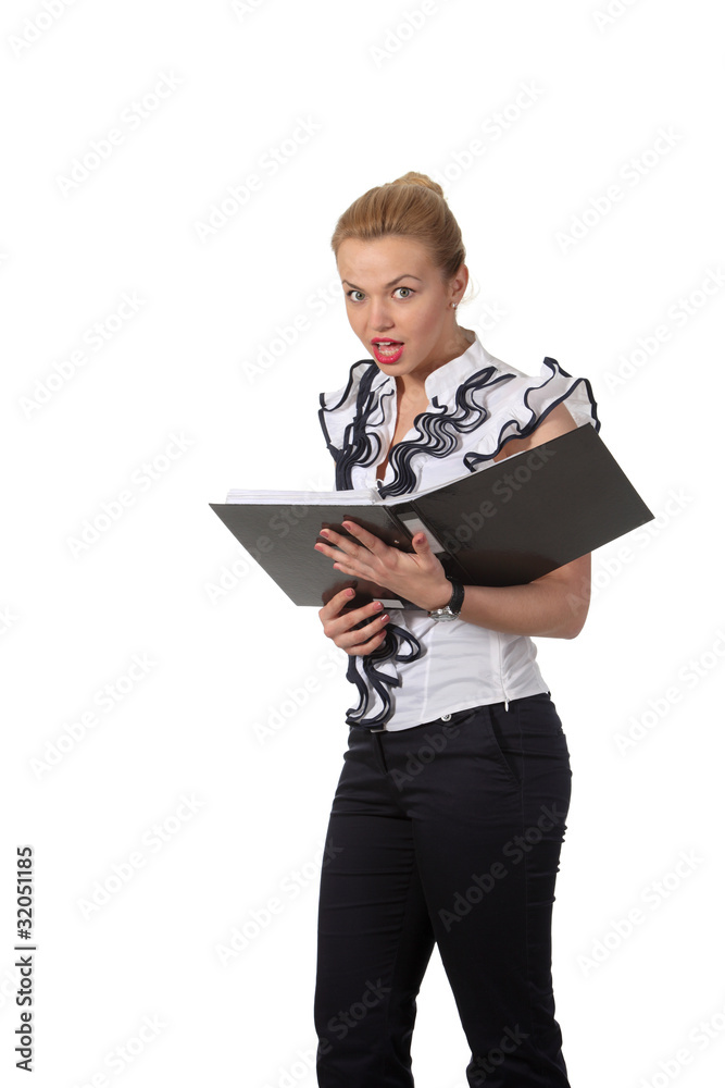 Businesswoman read a document in a folder Businesswoman read a document in a folder