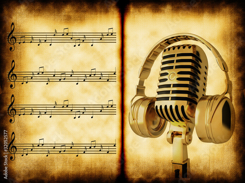 Microphone on old musical background