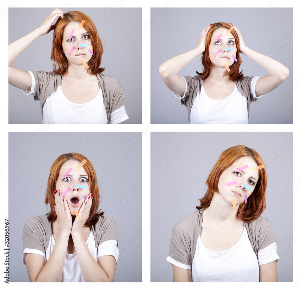 4 confused redhead businesswomen with notes on face. 4 confused redhead businesswomen with notes on face.