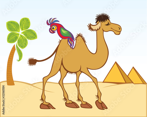cartoon camel and parrot in front of pyramids