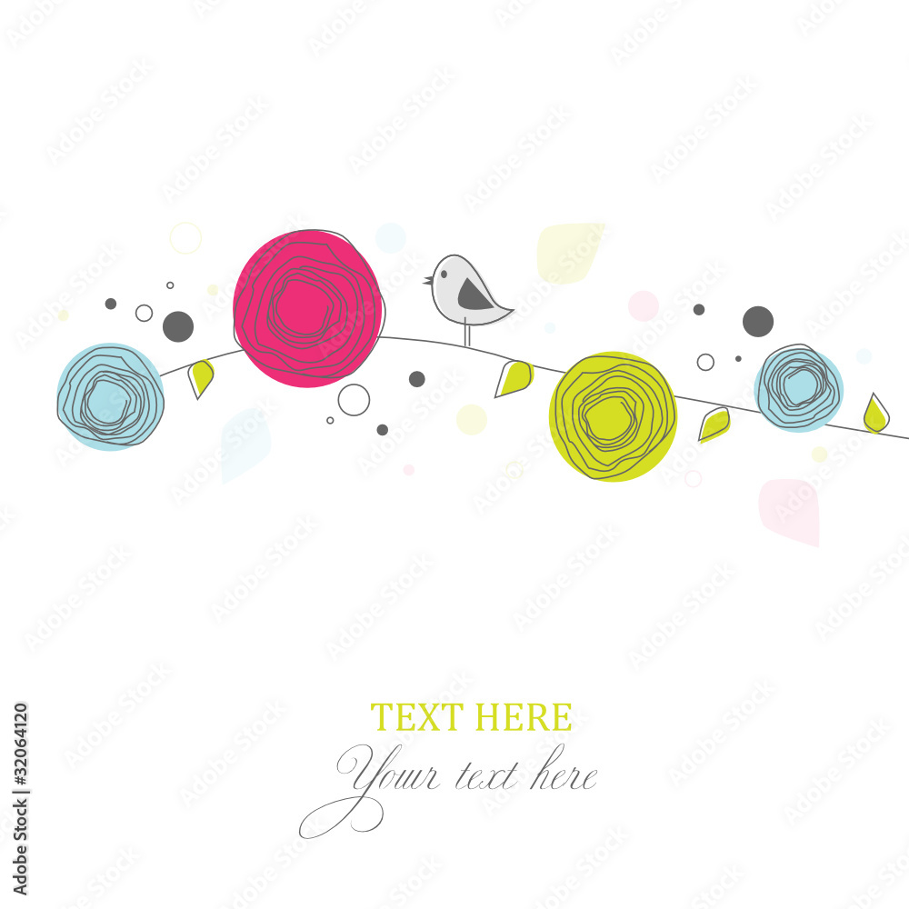 Fototapeta premium Card with bird on a branch with roses