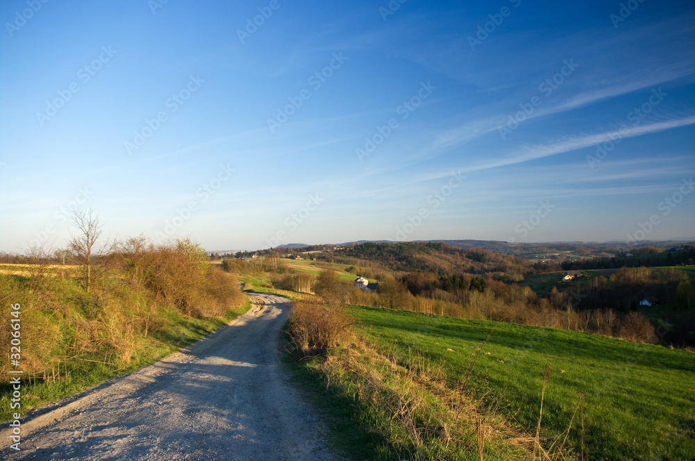 Spring view with road in Carpathian hills