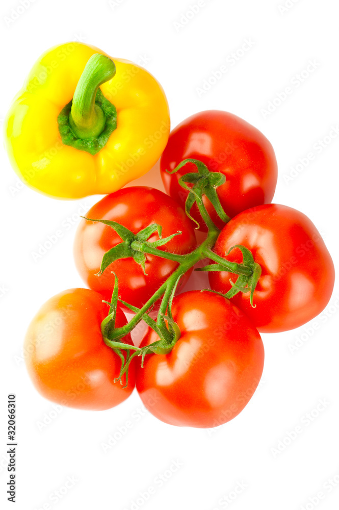 Food background: Fresh ripe tomatoes and yellow pepper Food background: Fresh ripe tomatoes and yellow pepper