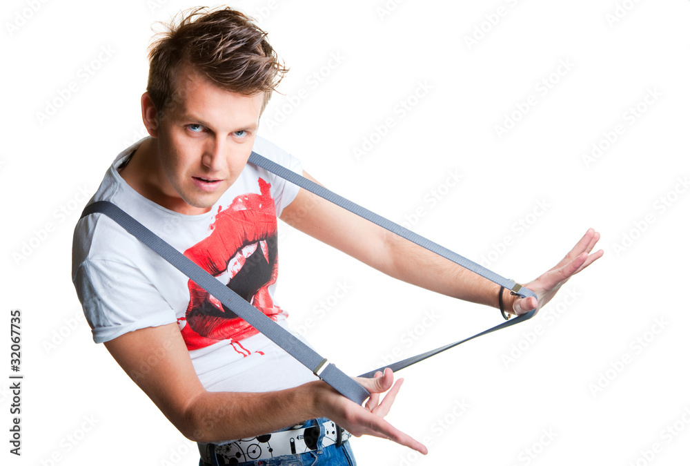 impudent young man with braces on isolated white impudent young man with braces on isolated white