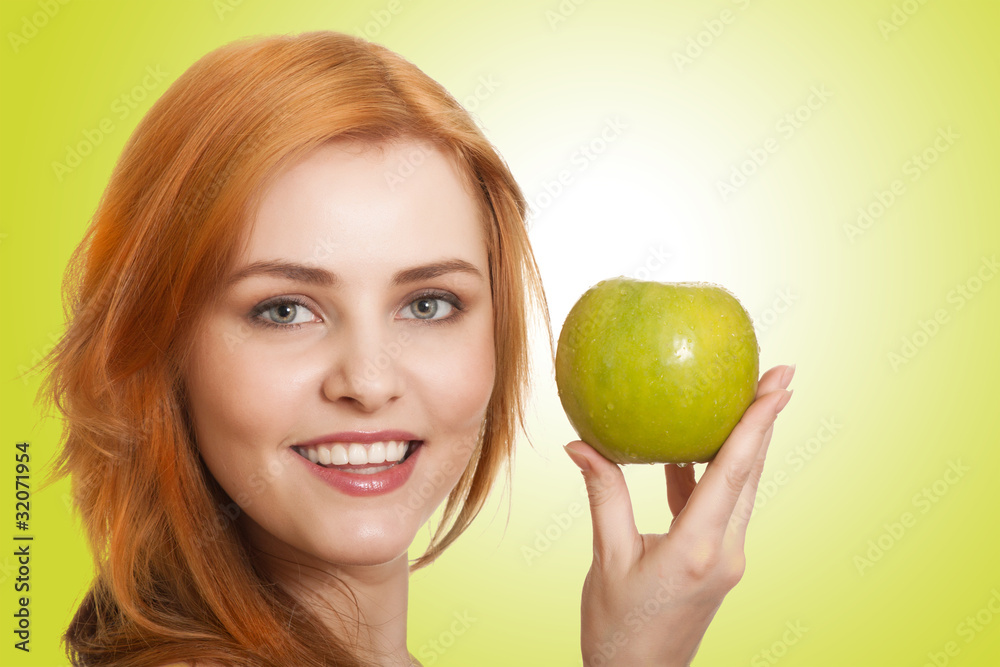 young beauty woman with apple on green background young beauty woman with apple on green background