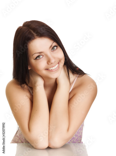 young woman with beautiful smile on white background