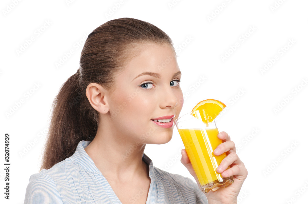 Young woman with glass of orange juice isolated Young woman with glass of orange juice isolated