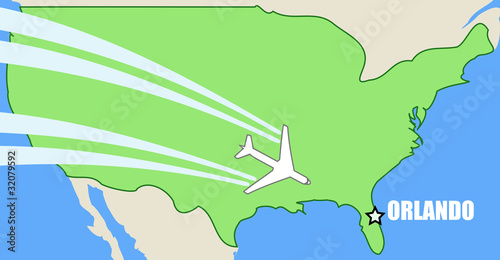 Orlando - air travel map with passenger aircraft