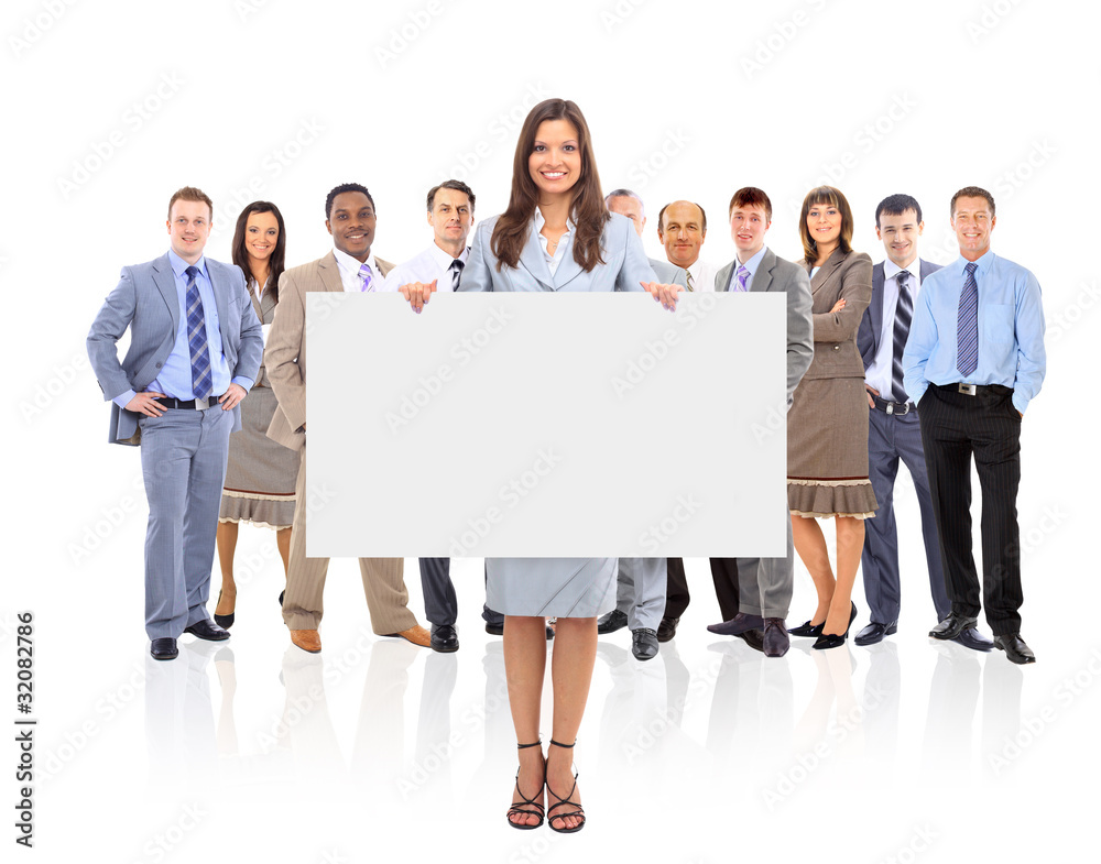 group of business people holding a banner ad isolated on white group of business people holding a banner ad isolated on white