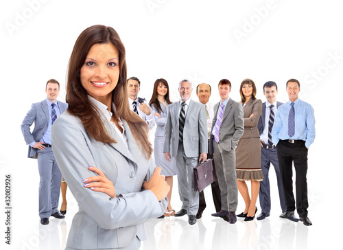 business woman leading her team isolated over a white