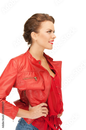 lovely woman in red leather jacket