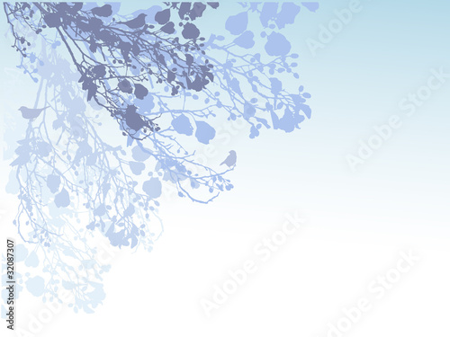 Light blue background with branches and birds.