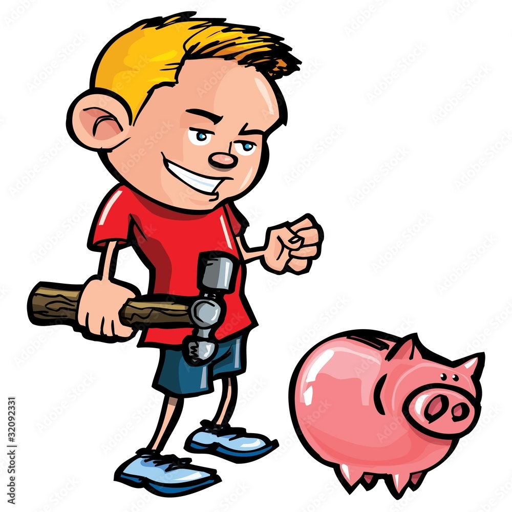 Cartoon boy with a piggy bank Stock Vector | Adobe Stock