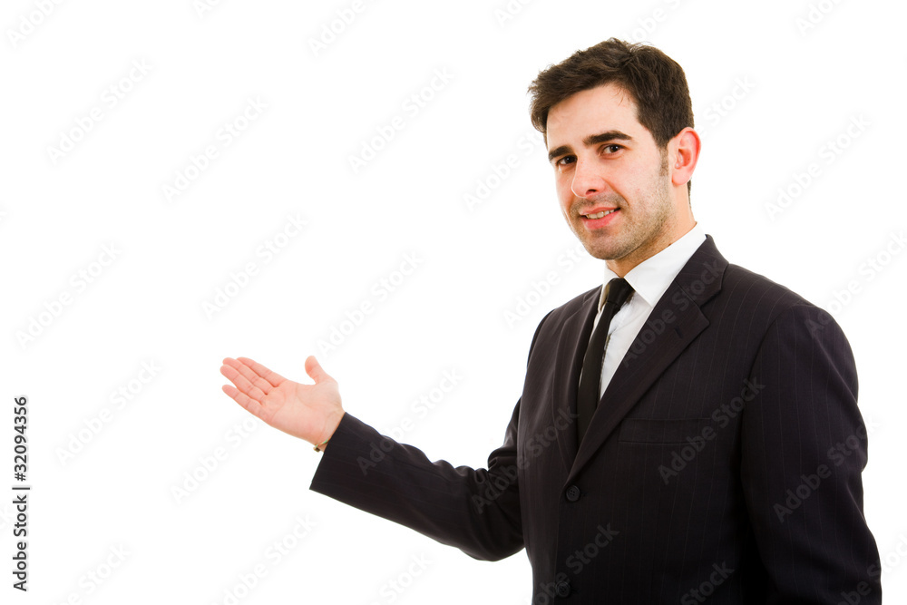 Happy businessman with arm out in a welcoming gesture , isolated Happy businessman with arm out in a welcoming gesture , isolated