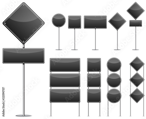 set of black blank road sign isolated on white background