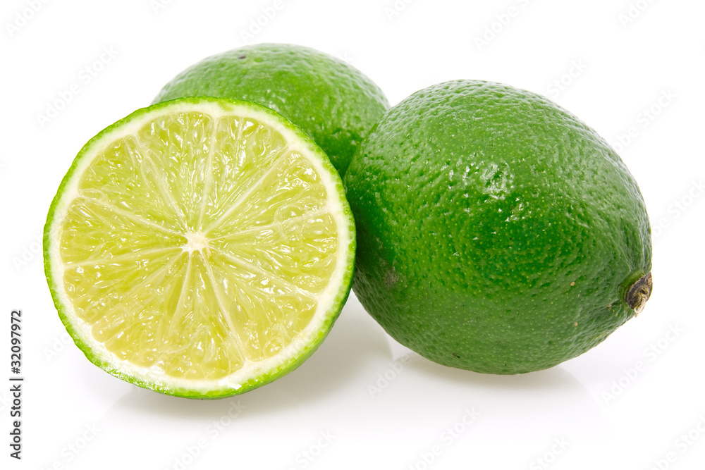 fresh green lemon fruits on a white background. fresh green lemon fruits on a white background.