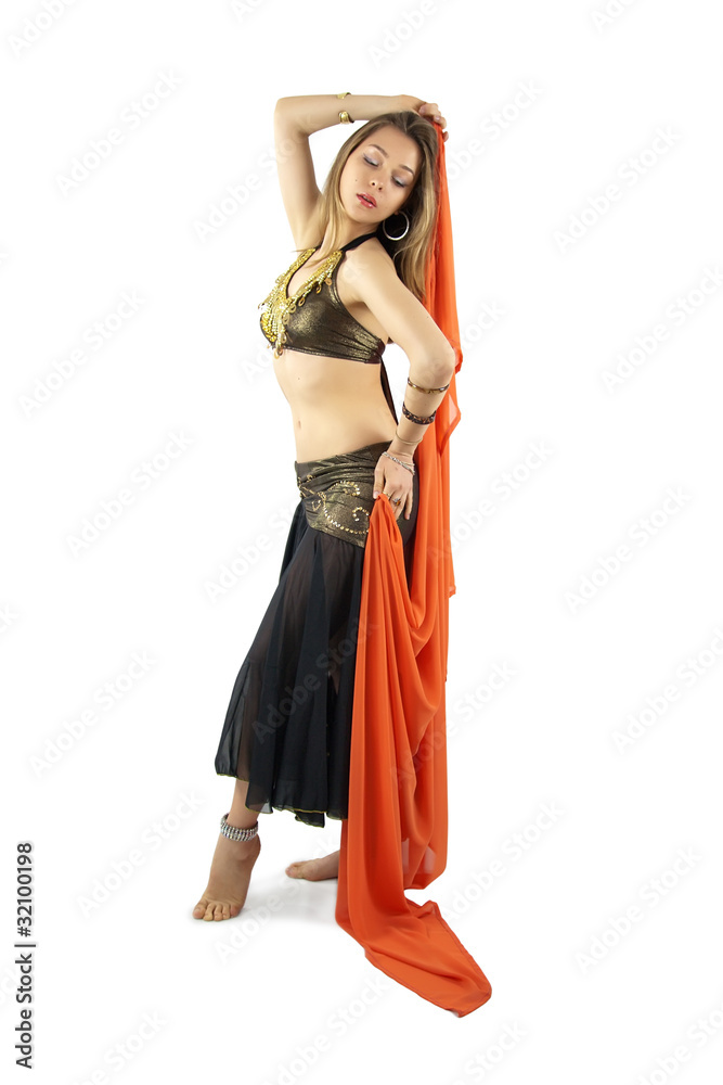 Beautiful Young Blonde Belly Dancer, with Orange Veil, Full leng
