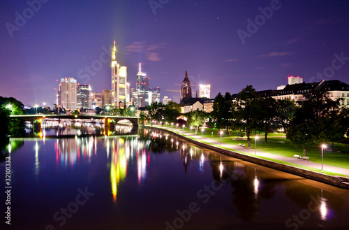 Night view on the Frankfurt skyline with reflections