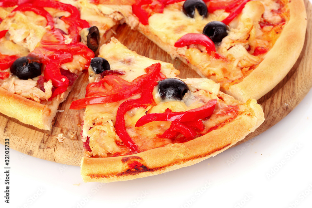 Pizza with olives on plate isolated on white Pizza with olives on plate isolated on white