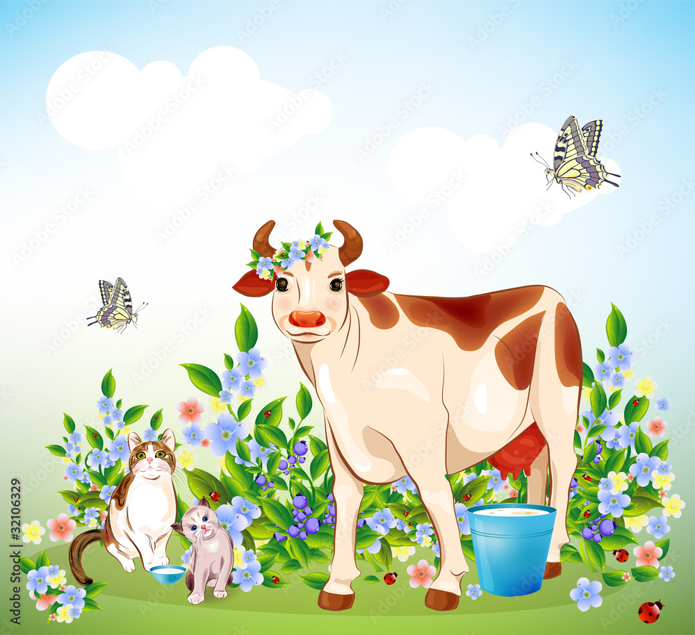 Naklejka premium Country life. Cat, kitten and cow