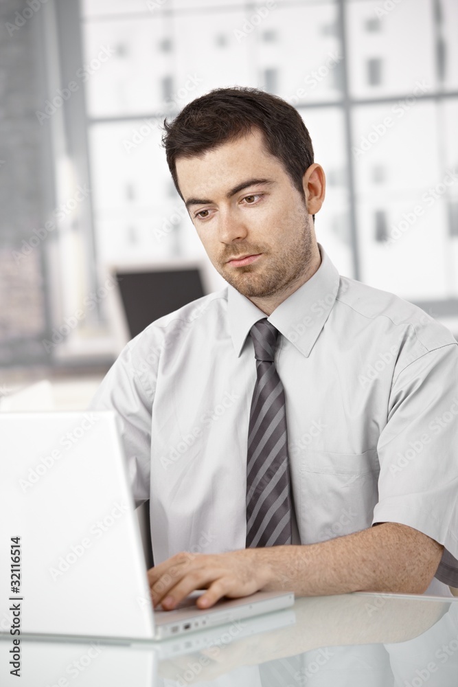 Fototapeta premium Young man working on laptop in bright office