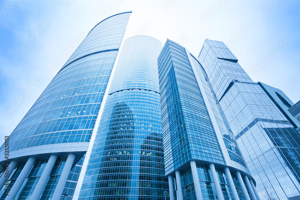 futuristic structure of office skyscrapers in the morning, wide futuristic structure of office skyscrapers in the morning, wide