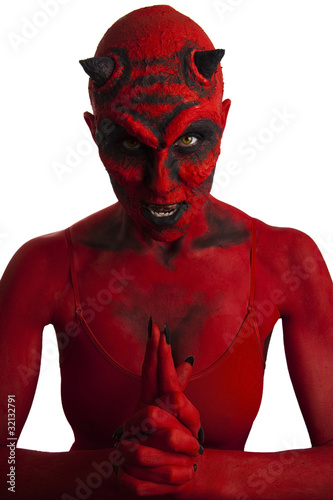 Red devil woman on white background