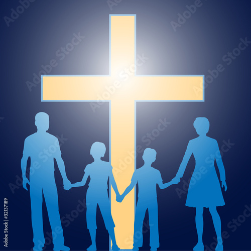 Christian family standing before luminous cross