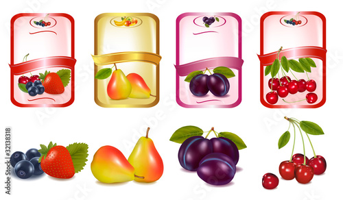 Four labels with berries and fruits. Vector.